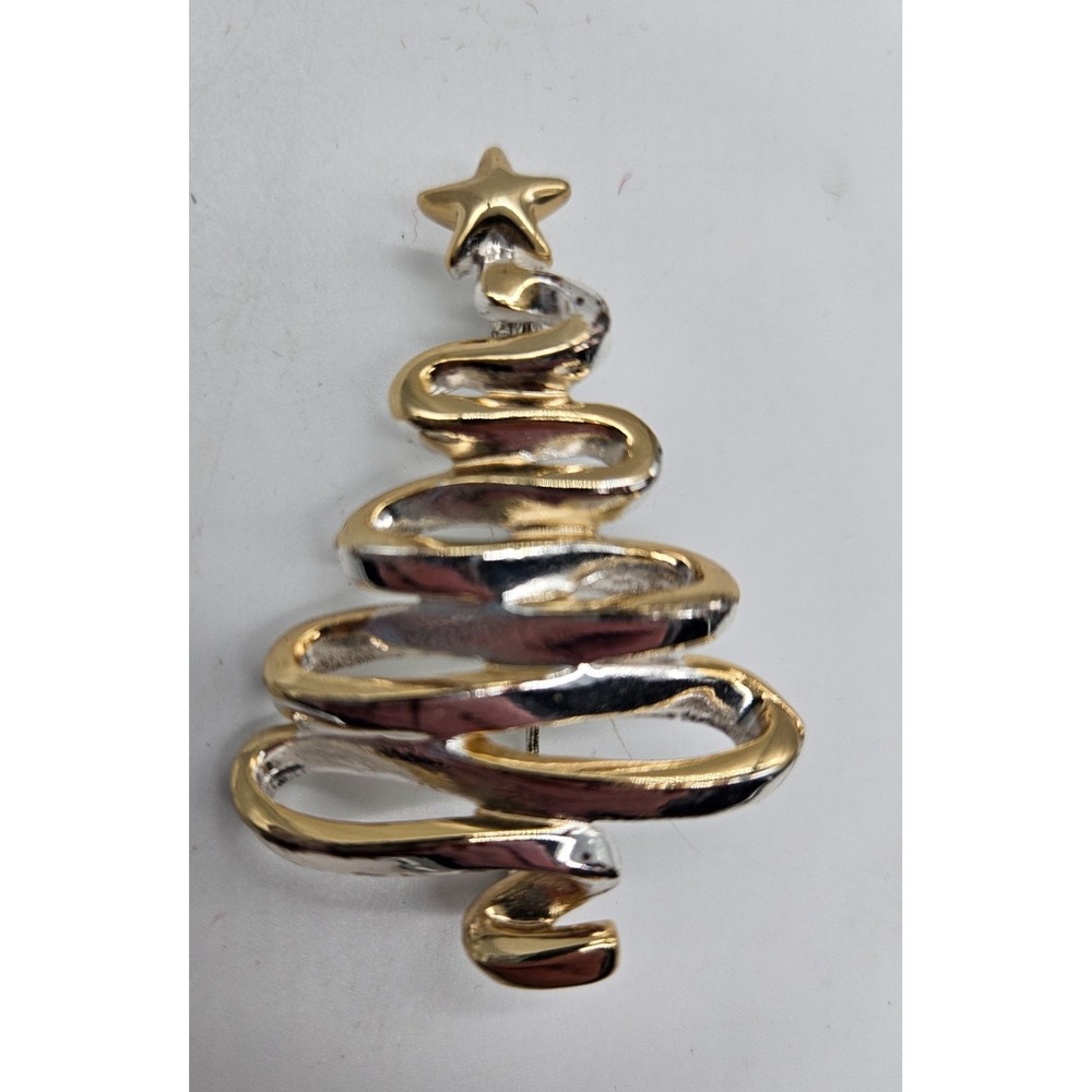 Modern Two Tone Christmas Tree Brooch Gold Silver Tone Ribbon Star‎ Pin 2 Inch